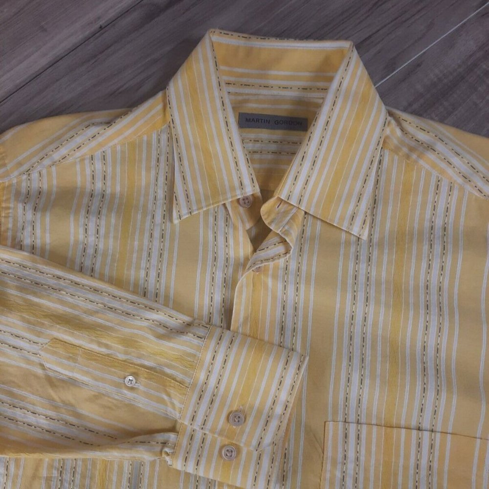 Martin Gordon Mens Size Medium Yellow Textured Striped Cotton Long Sleeve Button